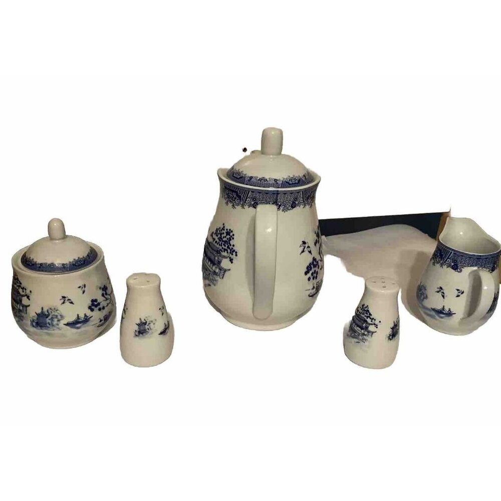 Tea Set Blue & White Pot Salt Pepper Shakers, Covered Sugar Bowl Creamer Emerald